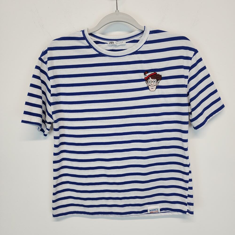 Zara Striped Baby Tee Womens S Blue White Embroidered Wheres Waldo Logo Casual
